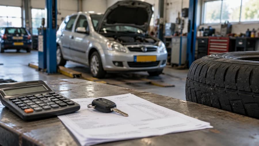 Een oudere auto voor controle in een garage