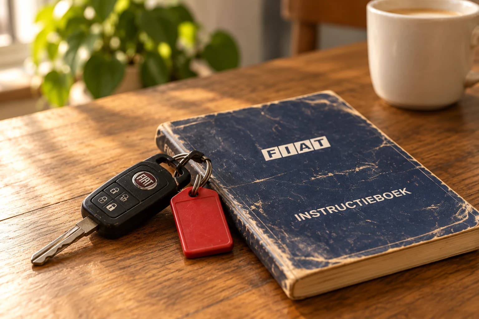 Autosleutels met een rood label op een gebruikt Fiat-instructieboekje